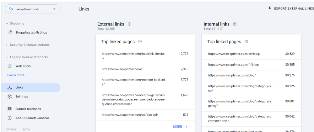 relatório de links internos